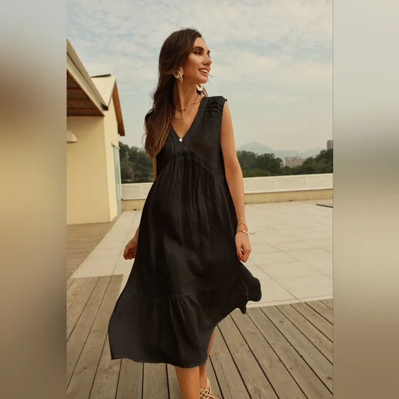 NWT - Hemp-Linen Frieeah Black Midi Nightgown Dress - Size L - Picture 3 of 8